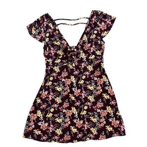 American Eagle Burgundy Floral Dress Front Knot Mini Dress Back Zipper Size 8